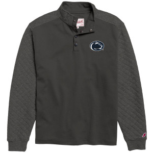 charcoal 1/4 snap sweatshirt with quilted sleeves, shoulders, and neck, embroidered Penn State Athletic Logo on left chest